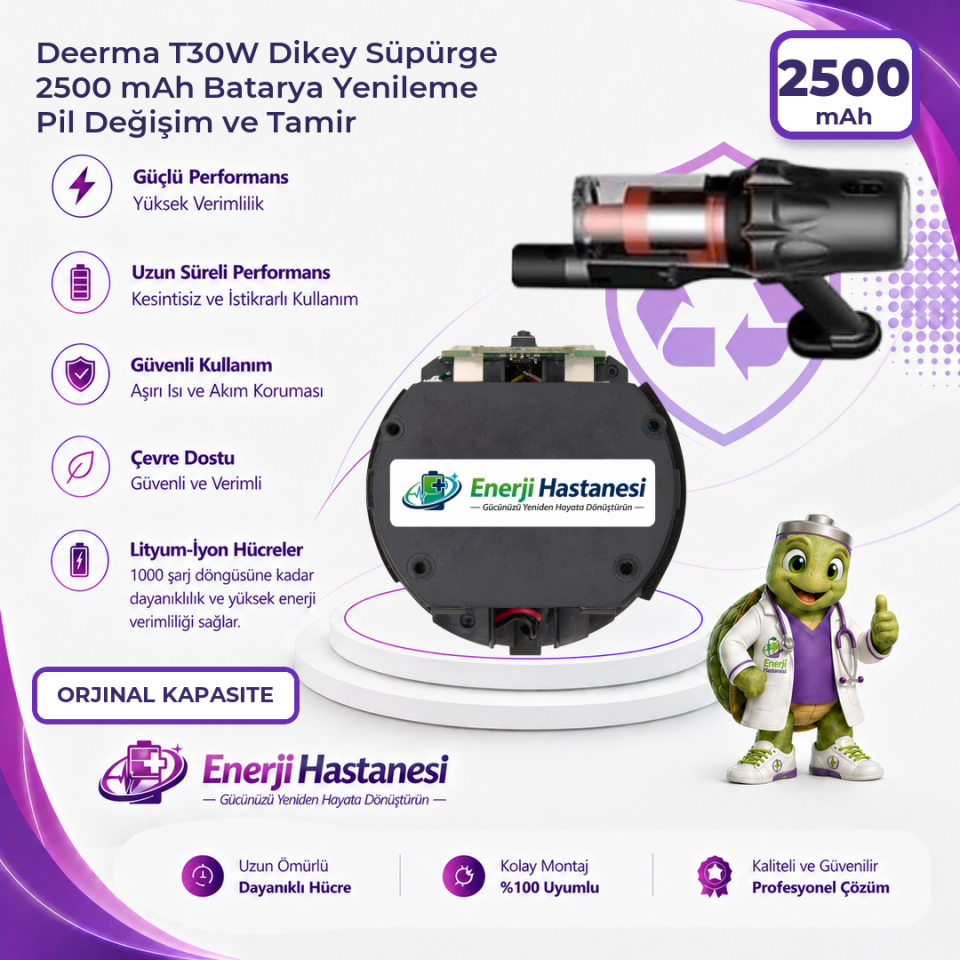 Deerma T30W Dikey Süpürge 2500 mAh Batarya Yenileme Pil Değişim ve Tamir