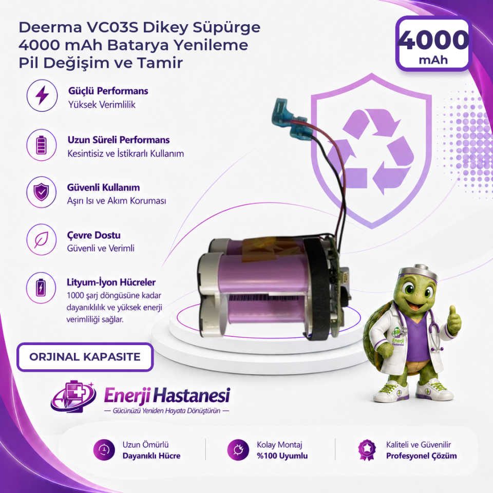 Deerma VC03S Dikey Süpürge 4000 mAh Batarya Yenileme Pil Değişim ve Tamir