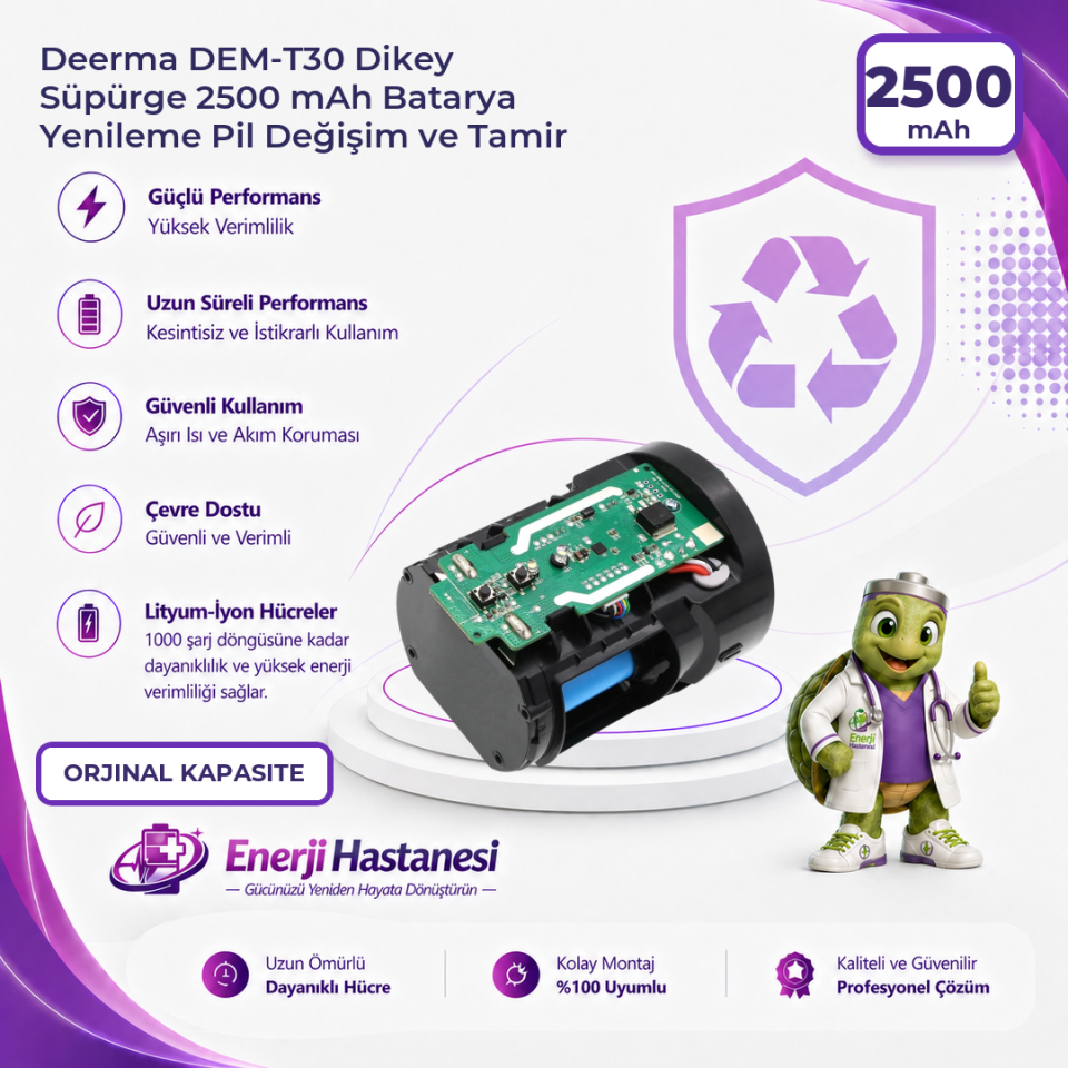 Deerma DEM-T30 Dikey Süpürge 2500 mAh Batarya Yenileme Pil Değişim ve Tamir
