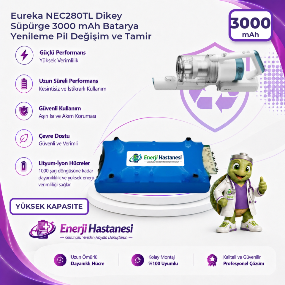 Eureka NEC280TL Dikey Süpürge 3000 mAh Batarya Yenileme Pil Değişim ve Tamir