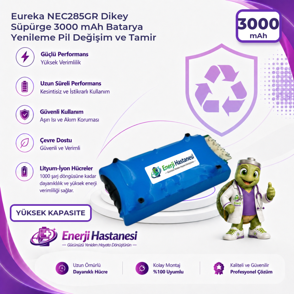 Eureka NEC285GR Dikey Süpürge 3000 mAh Batarya Yenileme Pil Değişim ve Tamir