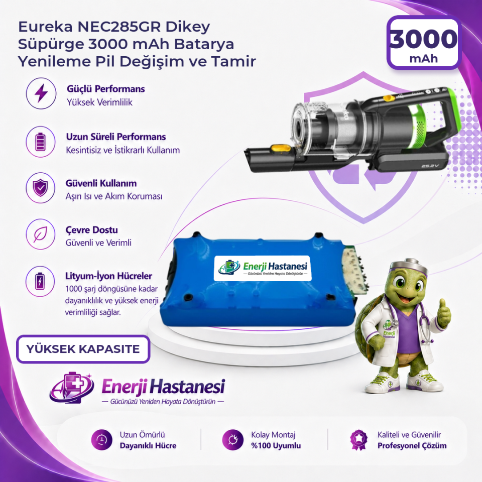 Eureka NEC285GR Dikey Süpürge 3000 mAh Batarya Yenileme Pil Değişim ve Tamir