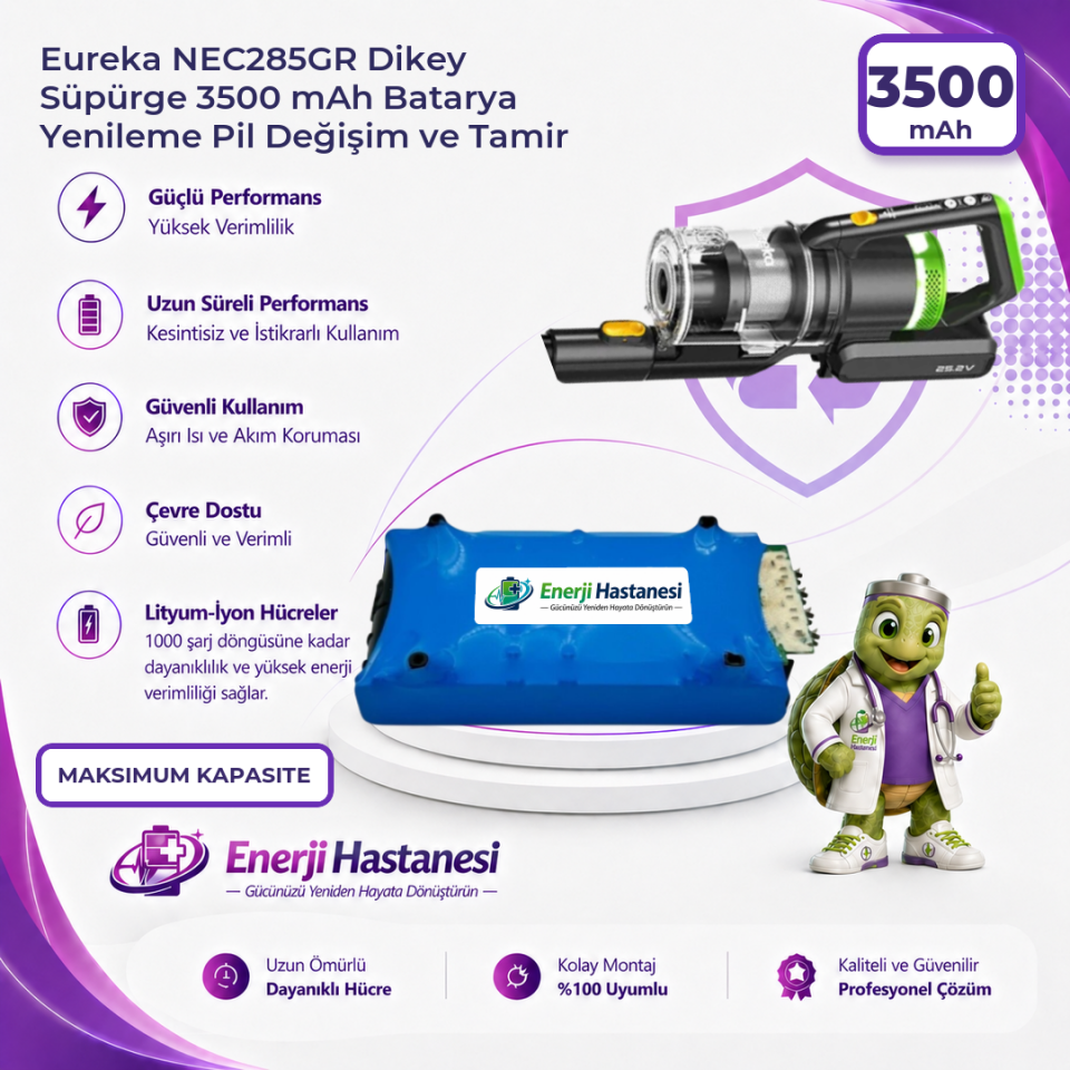 Eureka NEC285GR Dikey Süpürge 3500 mAh Batarya Yenileme Pil Değişim ve Tamir