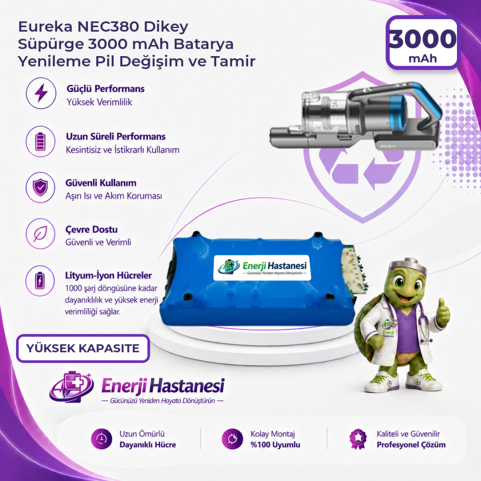 Eureka NEC380 Dikey Süpürge 3000 mAh Batarya Yenileme Pil Değişim ve Tamir