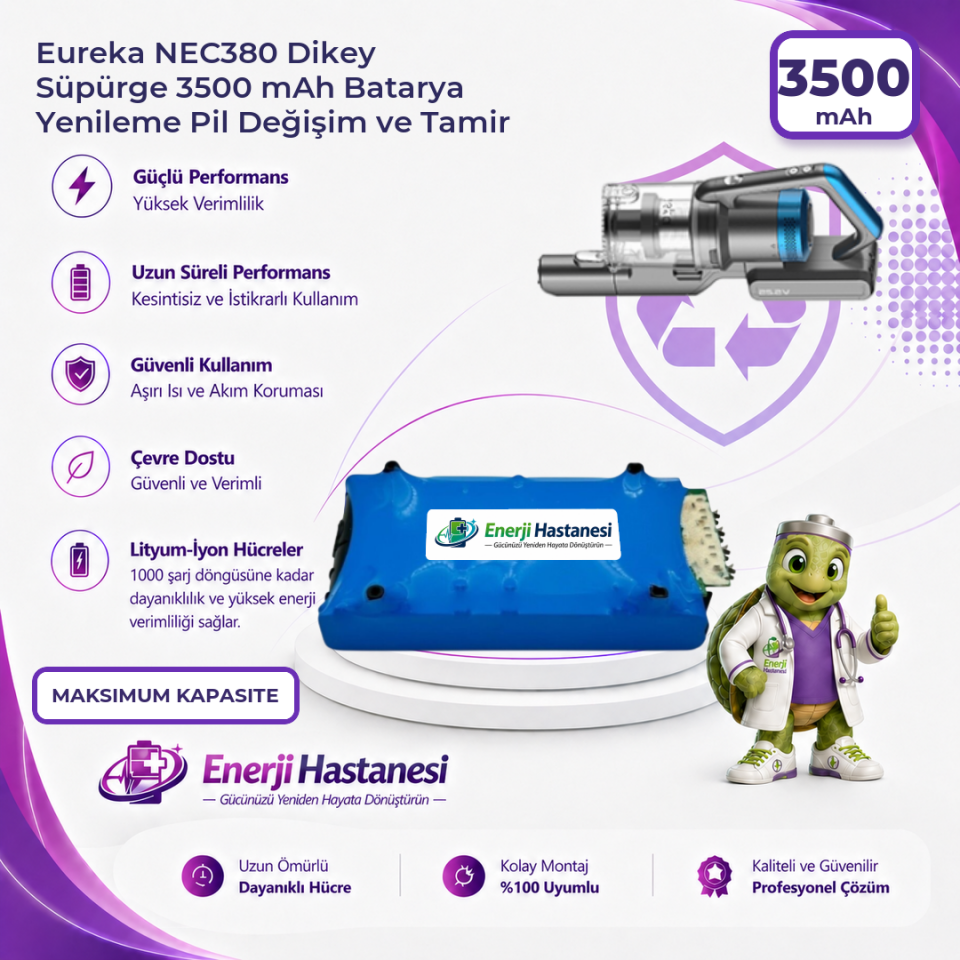 Eureka NEC380 Dikey Süpürge 3500 mAh Batarya Yenileme Pil Değişim ve Tamir