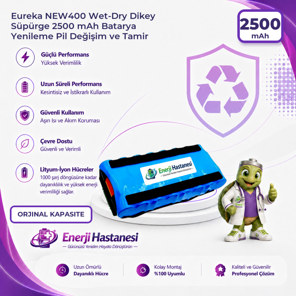Eureka NEW400 Wet-Dry Dikey Süpürge 2500 mAh Batarya Yenileme Pil Değişim ve Tamir