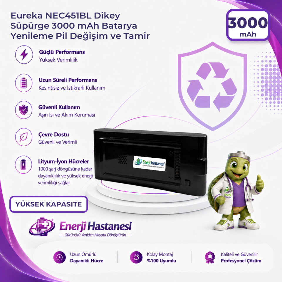 Eureka NEC451BL Dikey Süpürge 3000 mAh Batarya Yenileme Pil Değişim ve Tamir