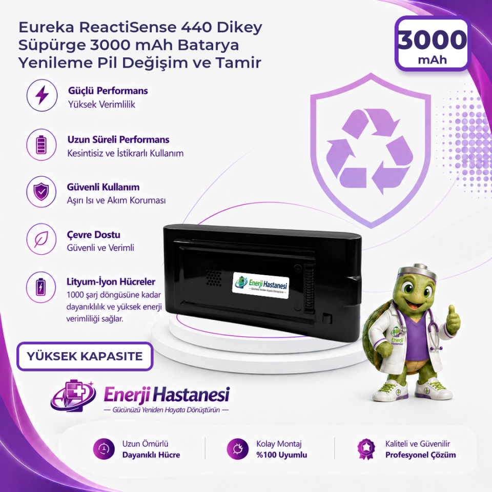 Eureka ReactiSense 440 Dikey Süpürge 3000 mAh Batarya Yenileme Pil Değişim ve Tamir