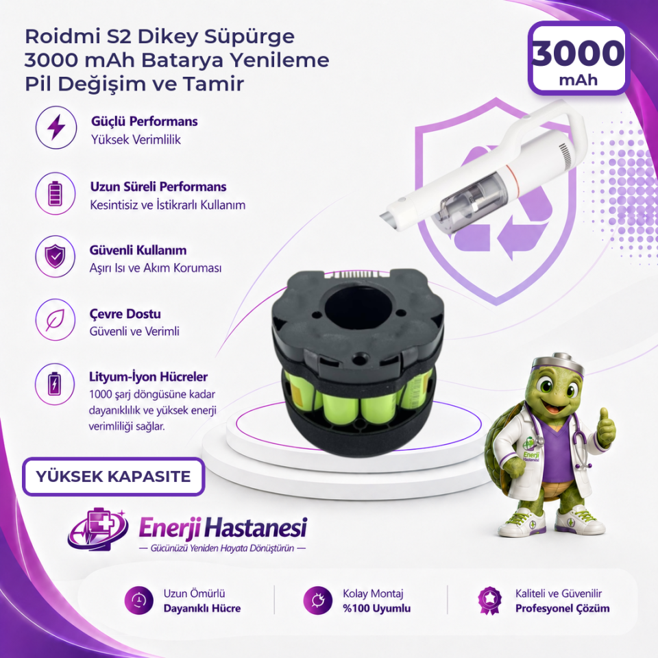 Roidmi S2 Dikey Süpürge 3000 mAh Batarya Yenileme Pil Değişim ve Tamir