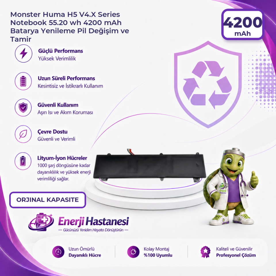 Monster Huma H5 V4.X Series Notebook 55.20 wh 4200 mAh Batarya Yenileme Pil Değişim ve Tamir