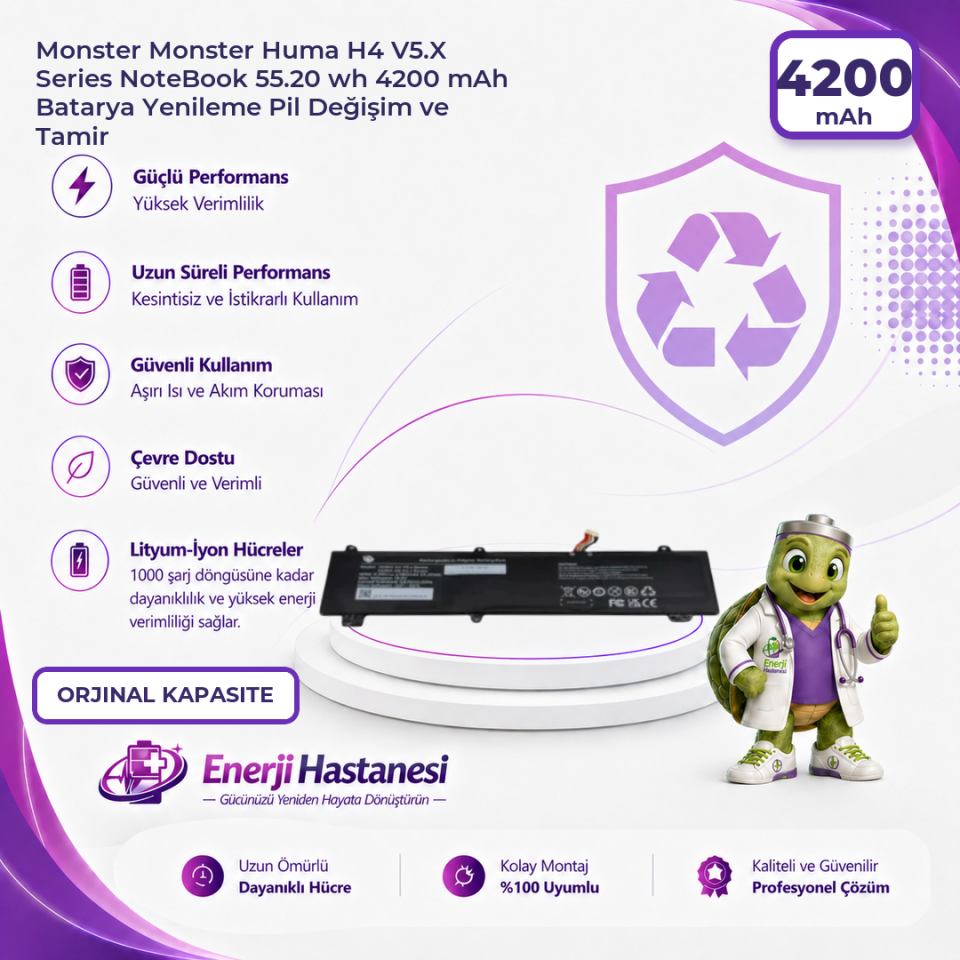 Monster Huma H4 V5.X Series NoteBook 55.20 wh 4200 mAh Batarya Yenileme Pil Değişim ve Tamir