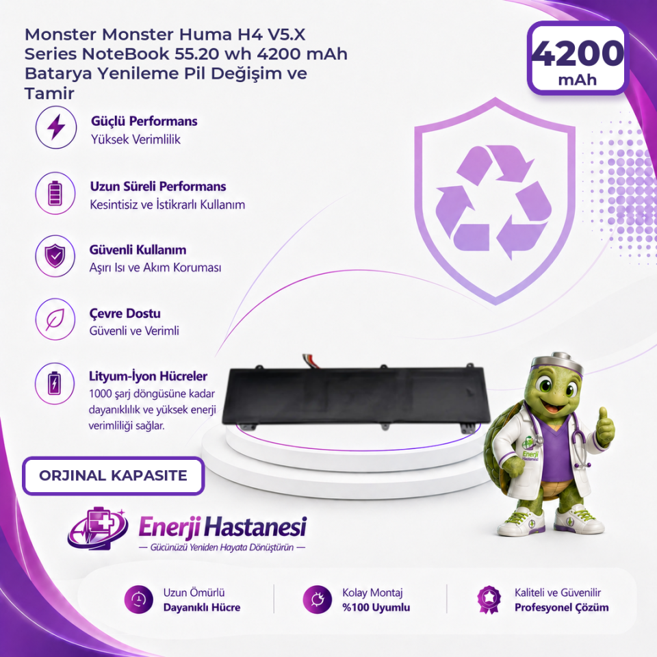 Monster Huma H4 V5.X Series NoteBook 55.20 wh 4200 mAh Batarya Yenileme Pil Değişim ve Tamir