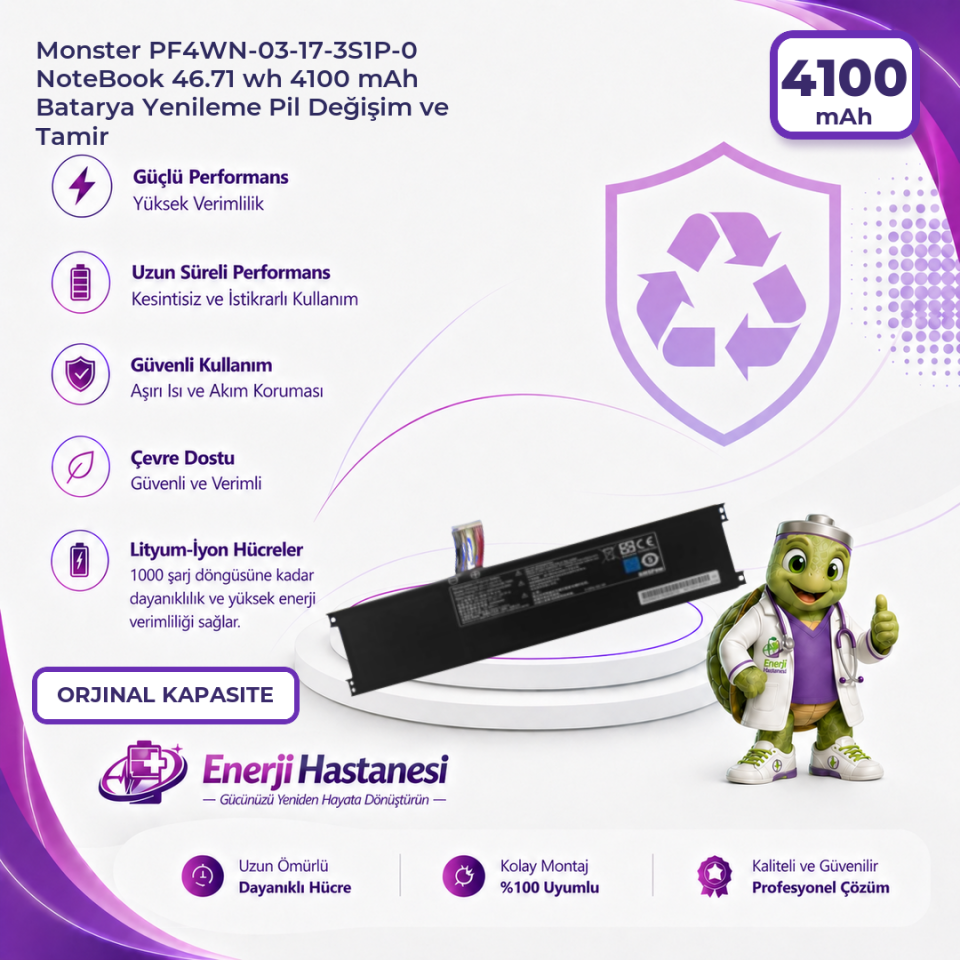 Monster PF4WN-03-17-3S1P-0 NoteBook 46.71 wh 4100 mAh Batarya Yenileme Pil Değişim ve Tamir