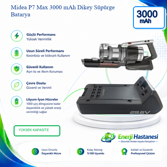 Midea P7 Max Dikey Süpürge 3000 mAh Batarya