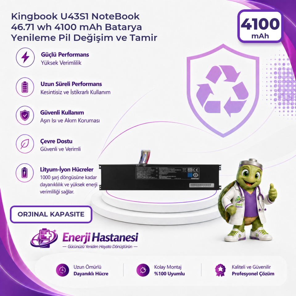 Kingbook U43S1 NoteBook 46.71 wh 4100 mAh Batarya Yenileme Pil Değişim ve Tamir