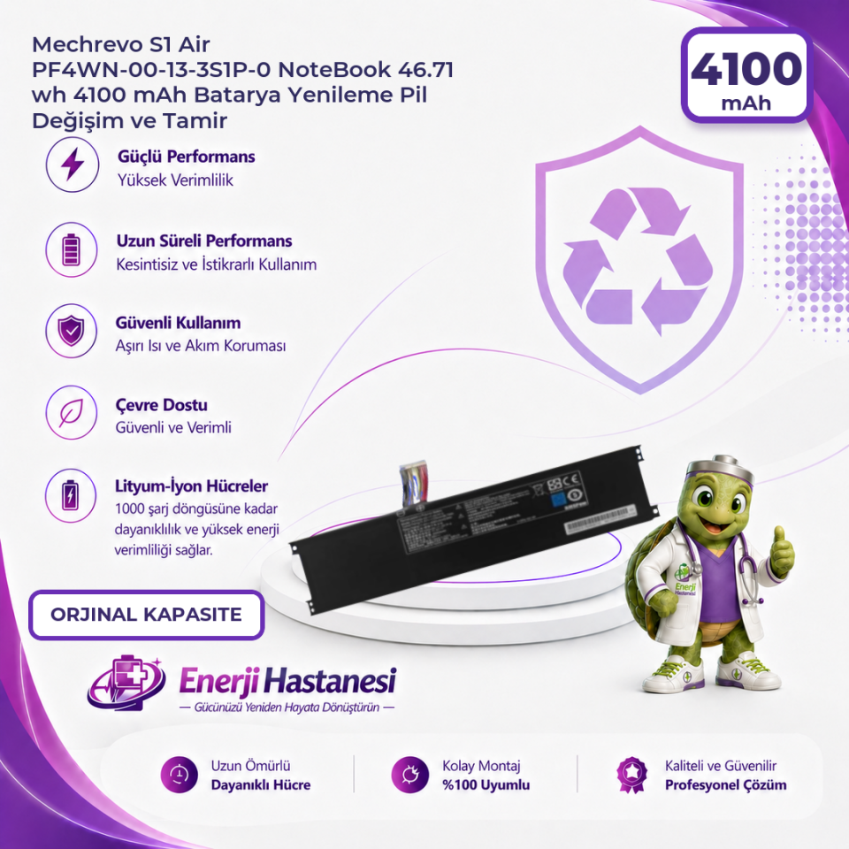 Mechrevo S1 Air PF4WN-00-13-3S1P-0 NoteBook 46.71 wh 4100 mAh Batarya Yenileme Pil Değişim ve Tamir
