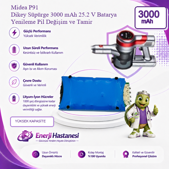 Midea P91 Dikey Süpürge 3000 mAh Batarya Yenileme Pil Değişim ve Tamir