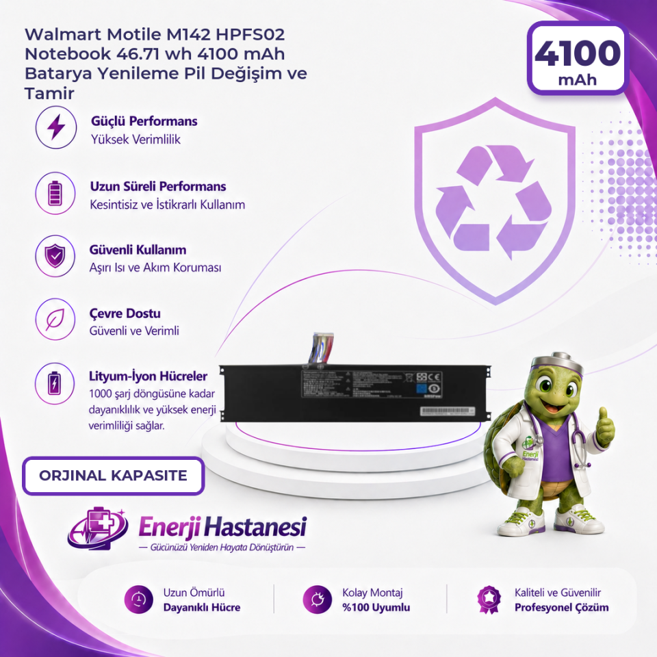 Walmart Motile M142 HPFS02 Notebook 46.71 wh 4100 mAh Batarya Yenileme Pil Değişim ve Tamir