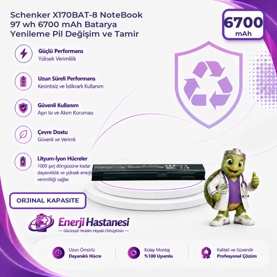 Schenker X170BAT-8 NoteBook 97 wh 6700 mAh Batarya Yenileme Pil Değişim ve Tamir
