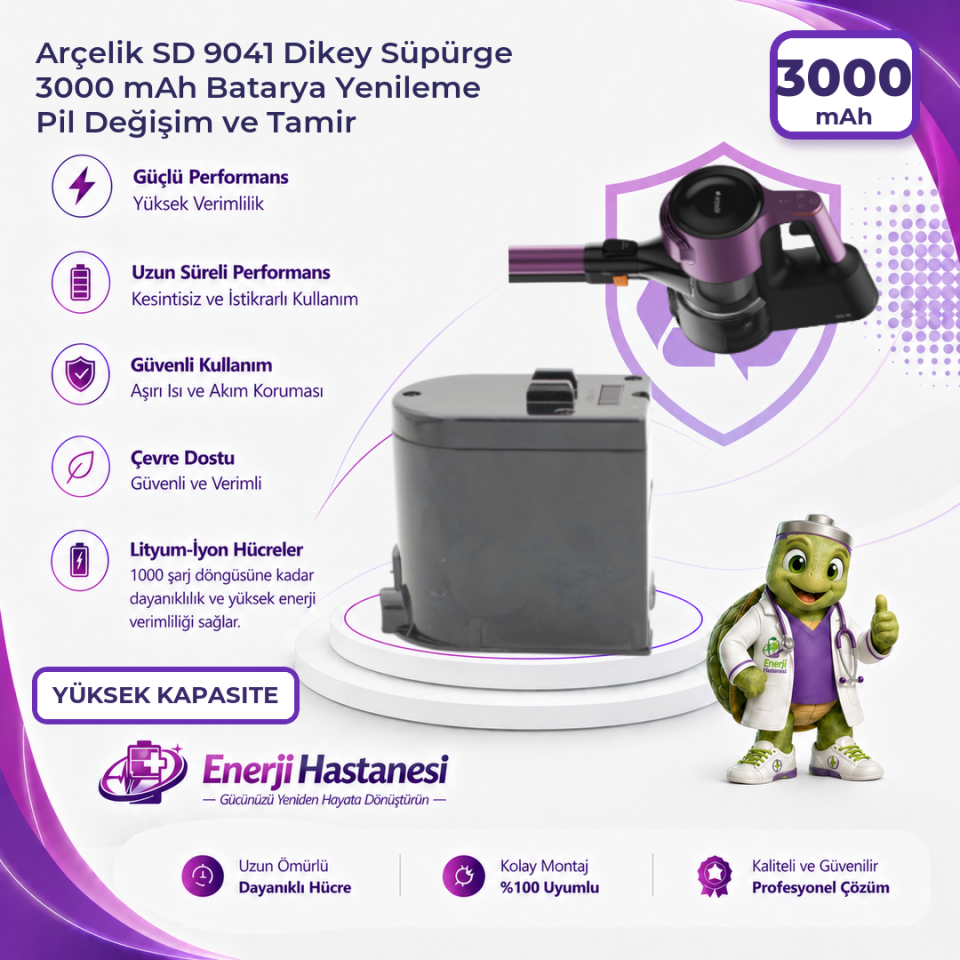 Arçelik SD 9041 Dikey Süpürge 3000 mAh Batarya Yenileme Pil Değişim ve Tamir