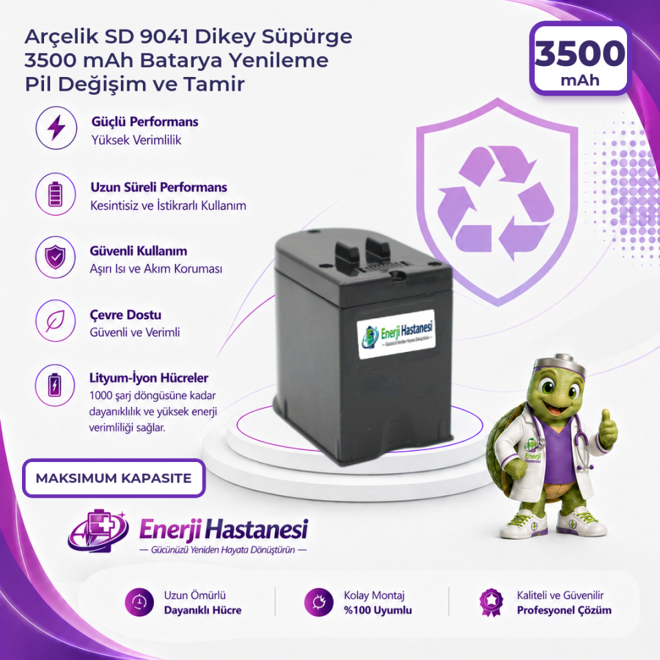 Arçelik SD 9041 Dikey Süpürge 3500 mAh Batarya Yenileme Pil Değişim ve Tamir
