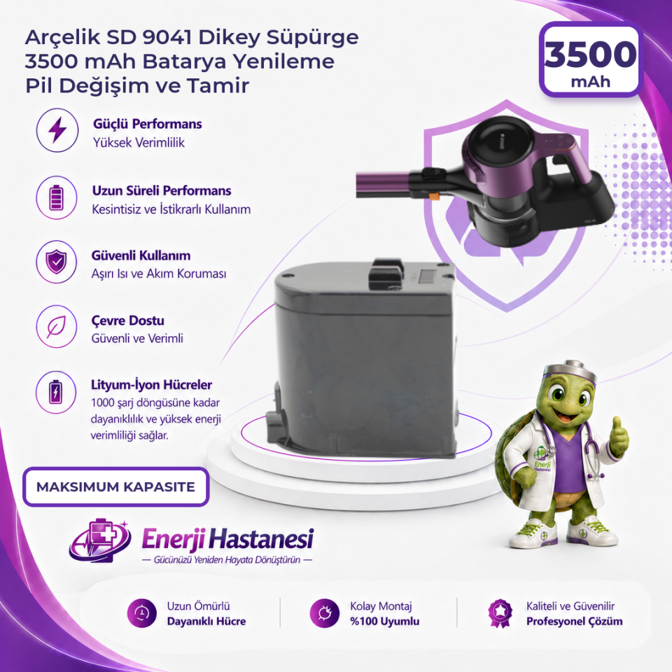 Arçelik SD 9041 Dikey Süpürge 3500 mAh Batarya Yenileme Pil Değişim ve Tamir