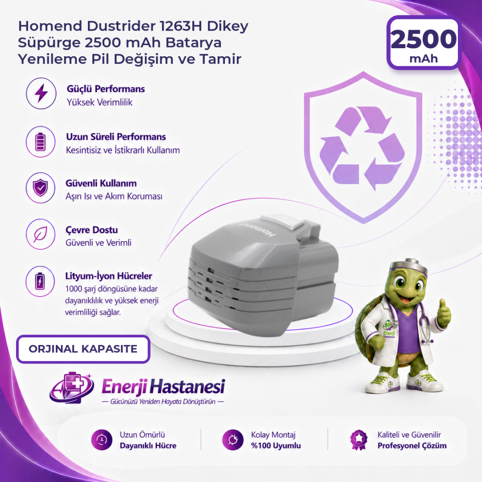 Homend Dustrider 1263H Dikey Süpürge 2500 mAh Batarya Yenileme Pil Değişim ve Tamir