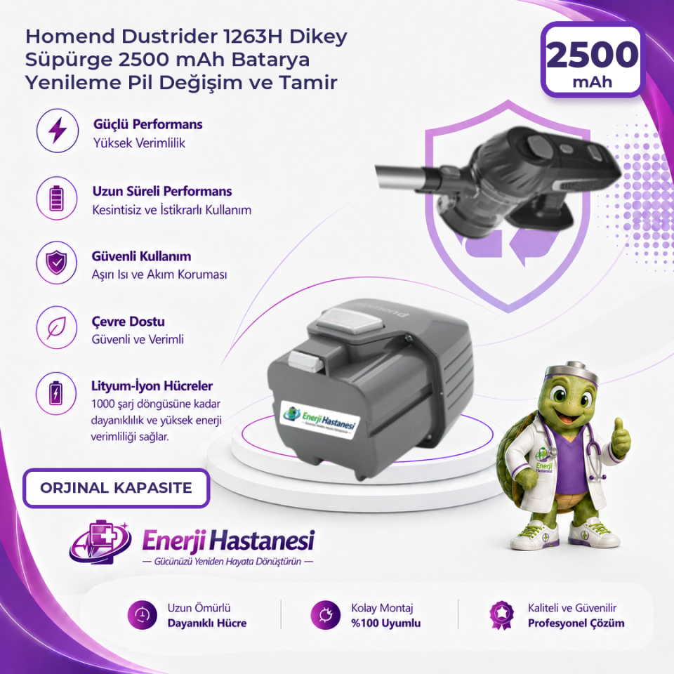 Homend Dustrider 1263H Dikey Süpürge 2500 mAh Batarya Yenileme Pil Değişim ve Tamir