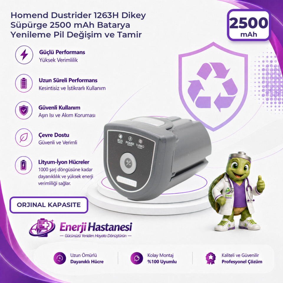 Homend Dustrider 1263H Dikey Süpürge 2500 mAh Batarya Yenileme Pil Değişim ve Tamir