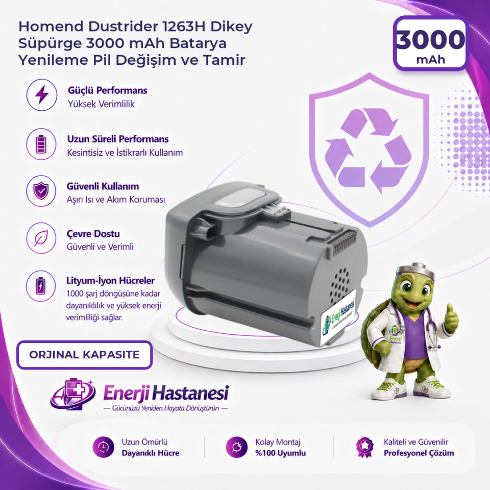 Homend Dustrider 1263H Dikey Süpürge 3000 mAh Batarya Yenileme Pil Değişim ve Tamir