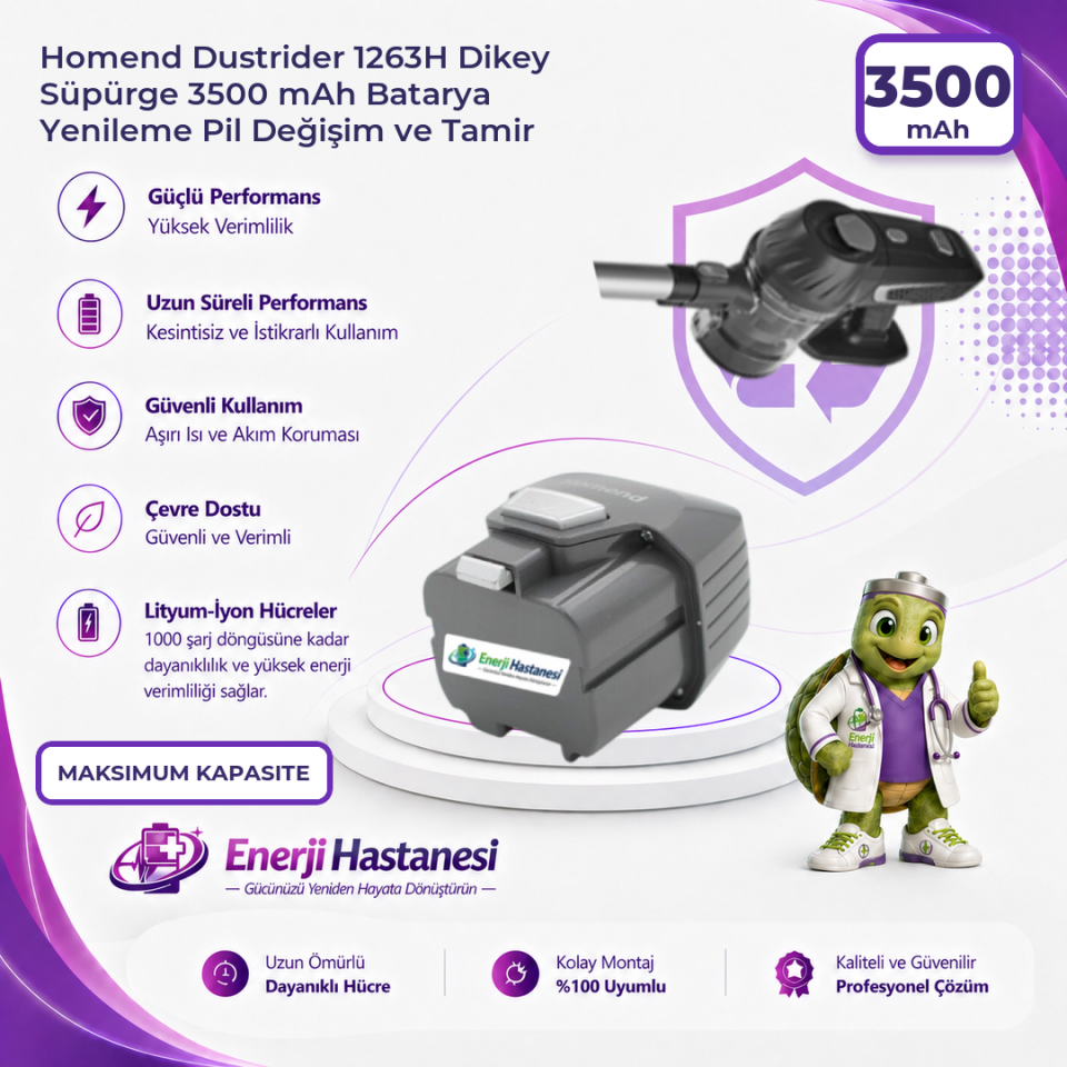 Homend Dustrider 1263H Dikey Süpürge 3500 mAh Batarya Yenileme Pil Değişim ve Tamir