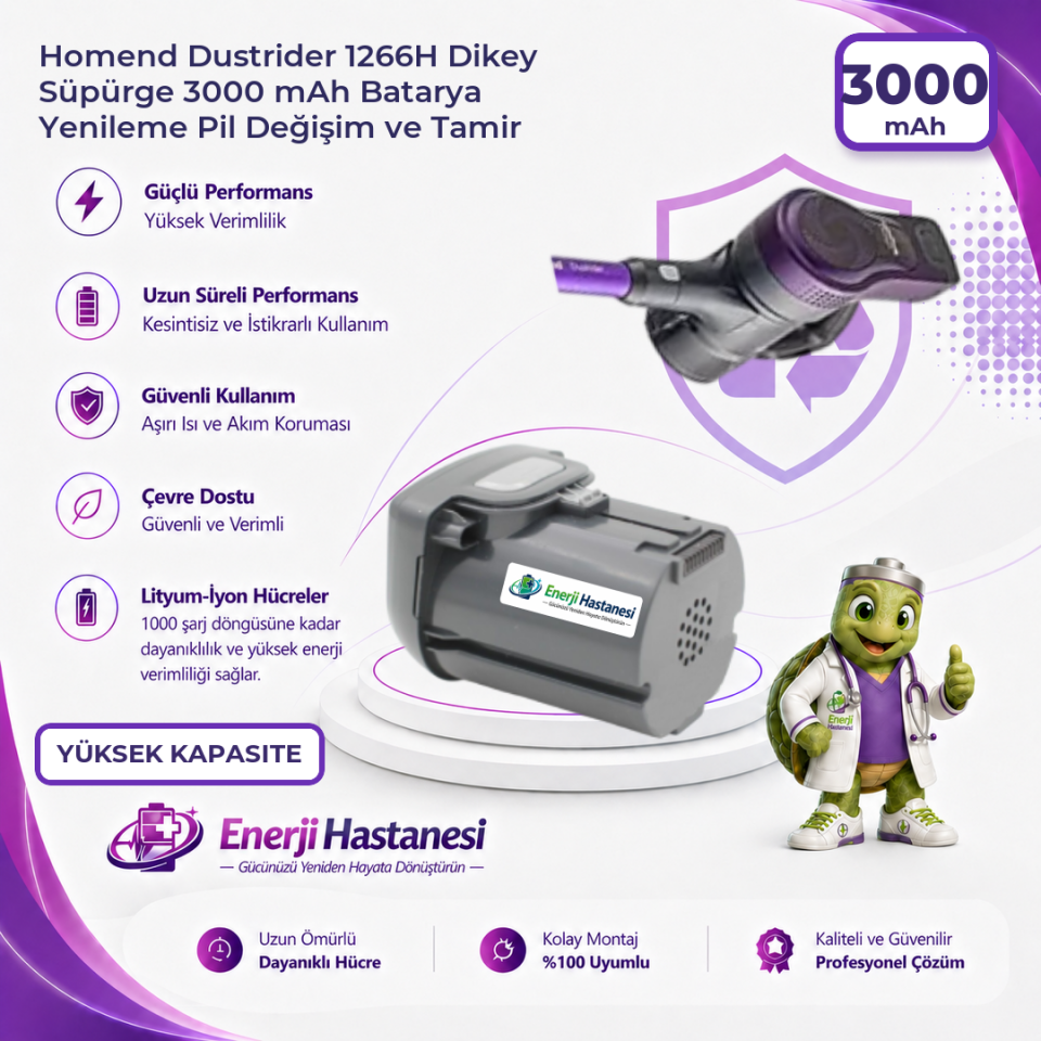 Homend Dustrider 1266H Dikey Süpürge 3000 mAh Batarya Yenileme Pil Değişim ve Tamir
