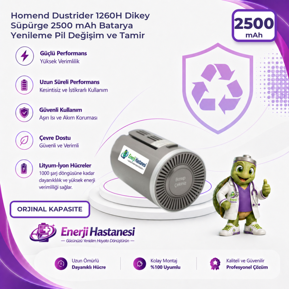 Homend Dustrider 1260H Dikey Süpürge 2500 mAh Batarya Yenileme Pil Değişim ve Tamir