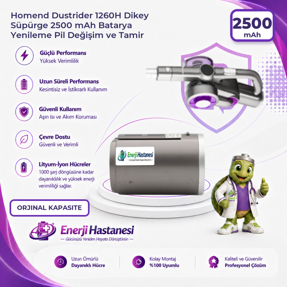 Homend Dustrider 1260H Dikey Süpürge 2500 mAh Batarya Yenileme Pil Değişim ve Tamir