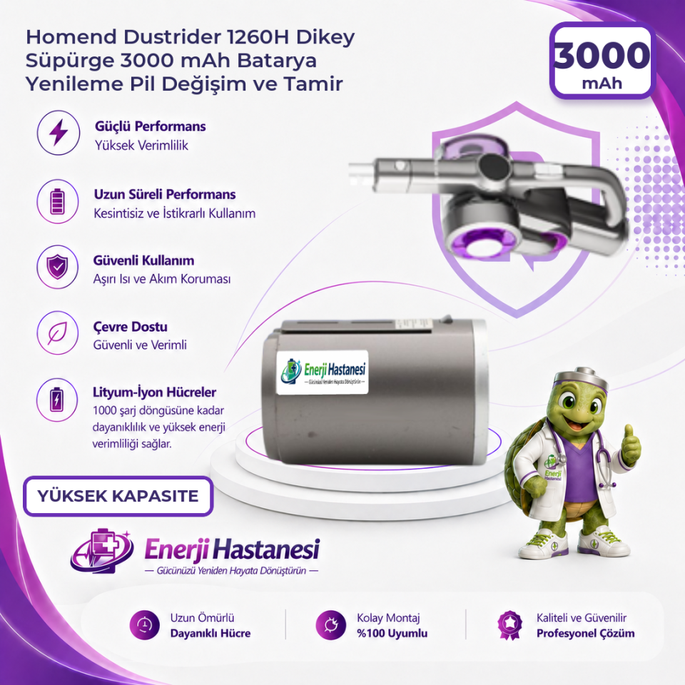 Homend Dustrider 1260H Dikey Süpürge 3000 mAh Batarya Yenileme Pil Değişim ve Tamir